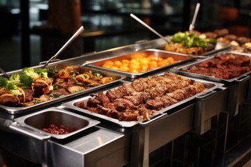 catering buffet food indoor in luxury restaurant with meat and vegetables, Catering buffet food indoor in restaurant with grilled meat, AI Generated - Powered by Adobe