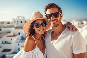 Beautiful young couple is hugging and smiling while standing on the roof of the house in Santorini,...