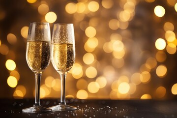 Glasses of champagne with golden sparkles on bokeh background, Champagne for festive cheers with gold sparkling bokeh background, AI Generated - Powered by Adobe
