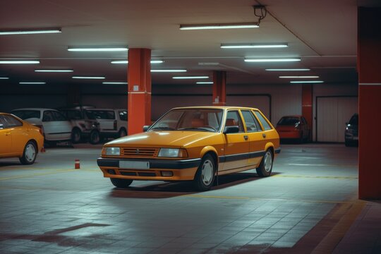 Car in underground parking lot at night, vintage toned image, Car parked at outdoor parking lot, Used car for sale and rental service, AI Generated