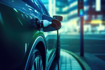 Electric car charging in the city at night. 3d rendering, Close up details of future technology, electric car charging from charging station, AI Generated