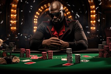 Poker player in casino. Black man playing poker at black table, close up of poker player with playing cards and chips at green casino table, AI Generated
