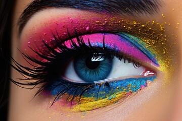 Close up of beautiful woman's eye with bright make-up, Close-up of a beautiful woman's eye with multicolored makeup, AI Generated