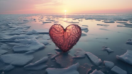 Fototapeta premium A beautiful romantic heart made of ice in winter. The concept of love and Valentine's Day. Abstract background. A symbol of love and loyalty.