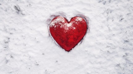 A beautiful romantic heart against the background of white frosty snow in winter. The concept of love and Valentine's Day. Abstract background. A symbol of love and loyalty.