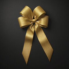 Decorative golden tied bow with long ribbon isolated on dark black background. Holiday decoration.