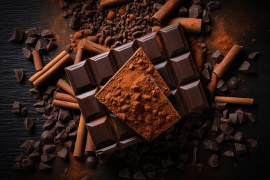 Chocolate bars and cocoa powder on a black background. Selective focus, Chocolate background with chocolate bars, chips, and cocoa powder in an overhead shot, AI Generated