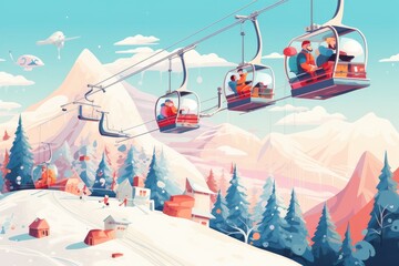 Two young skiers sitting on ski lift high in the mountains, AI Generated