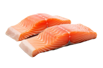 Salmon, steak, small pieces of raw fish Isolated on a clear background, PNG file.