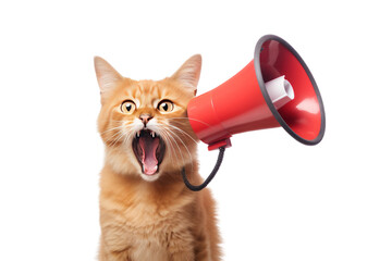 Side view of funny cat shouting into advertising megaphone with wide space for text.Isolated on transparent background. PNG file.