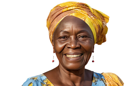 Senior African woman smiling face isolated on clear background, PNG file.