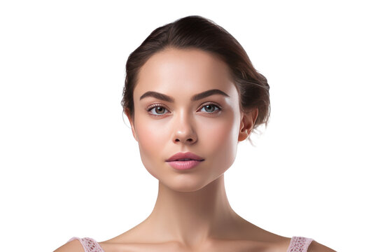 The depth of field emphasizes the face of a beautiful woman with perfectly smooth skin. Isolated on a clear background, PNG file.