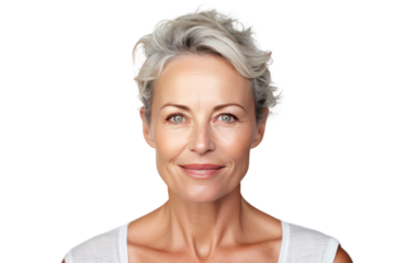 beautiful 50s mid-adult woman looking at camera Middle-aged facial skin care beauty Beauty concept Isolated on transparent background. PNG file.