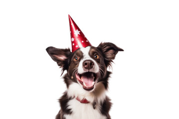 Cute dog celebrating with red prairie hat Isolated on transparent background. PNG file.