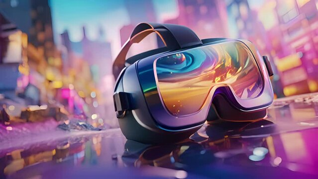A virtual reality headset, with brightly colored patterns and images reflecting the complex processes of uploading the mind and creating a new digital existence.