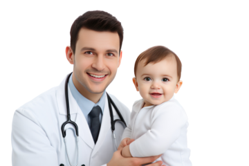 Doctor and little boy having health check at clinic Isolated on transparent background. PNG file.