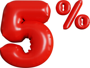 5% Discount 3D Rendering Red Balloon Text Label