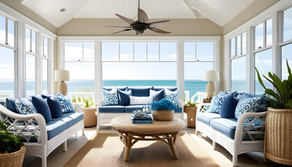 blue and white room with coastal decor