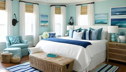 blue and white bedroom with coastal decor