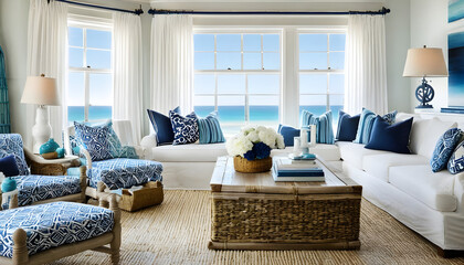 blue and white room with coastal decor