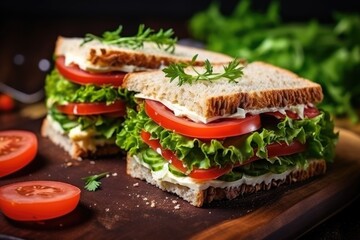 Sandwiches with cheese, tomatoes, lettuce, onion.