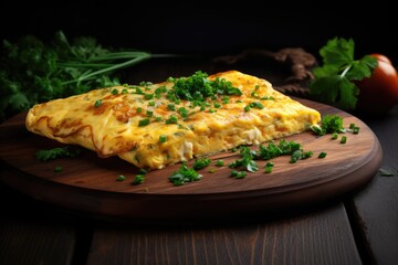 Egg omelet on wooden plate with parsley.