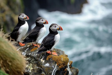 Fototapeta premium Puffin Family on the rock, Iceland.