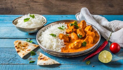 Flavors of the East: Spicy Curry, Butter Chicken, and Naan on Blue
