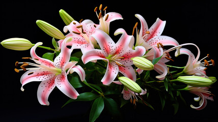 Beautiful coral pink lily flowers with green leaves of Lilium (true lilies) the herbaceous flowering plant growing from bulbs