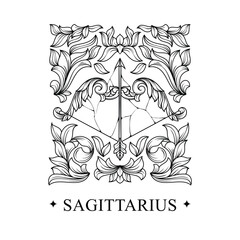 Zodiac sagittarius horoscope sign line art silhouette design vector illustration. Creative decorative elegant linear astrology zodiac sagittarius emblem template for logo or poster decoration engravin