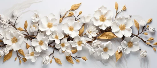 Foto op Canvas 3d wallpaper gold and white flowers on white marbled texture background, in the style of organic sculptures © tydeline