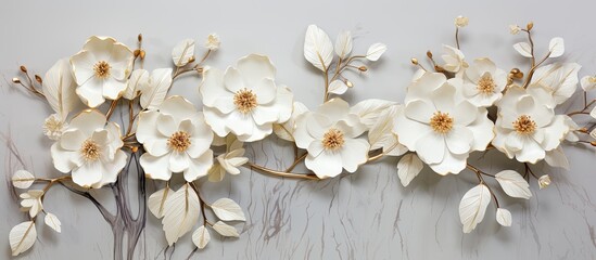 3d wallpaper gold and white flowers on white marbled texture background, in the style of organic sculptures - obrazy, fototapety, plakaty