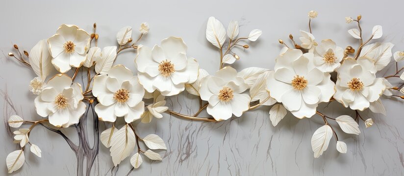 Fototapeta 3d wallpaper gold and white flowers on white marbled texture background, in the style of organic sculptures