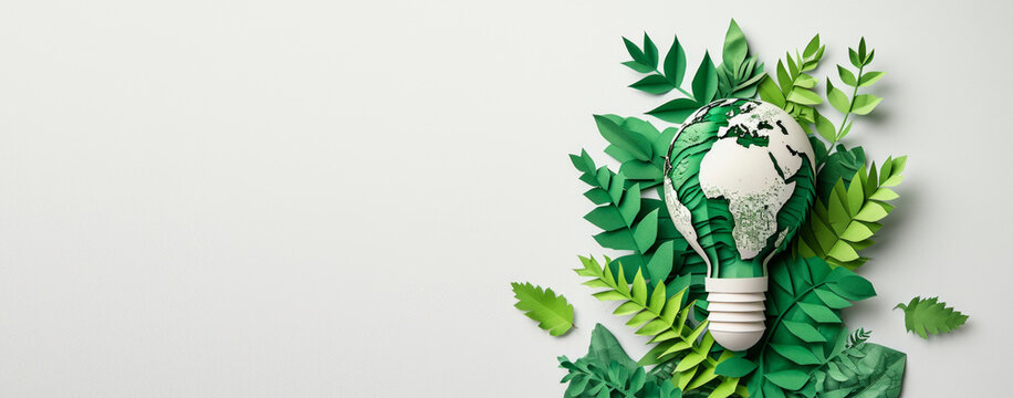 Eco friendly lightbulb with green leaves on white background. Renewable and sustainable energy concept