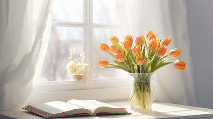 Happy Easter. Bouquet of orange tulip in the clear glass vase with opened book near window