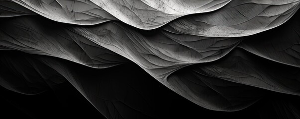 Futuristic waves in black and white, abstract dark background