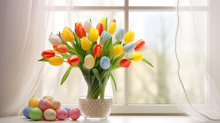 Happy Easter. Bouquet of tulip in the clear glass vase with colorful easter eggs near window - 702038967