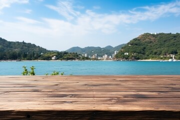 Fototapeta premium Empty wide Table top wooden bar with blurred beautiful beach scene background coconut leaf on frame for product display mockup outside summer day time. Resort clean wood desk board on nature view.