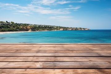 Fototapeta premium Empty wide Table top wooden bar with blurred beautiful beach scene background coconut leaf on frame for product display mockup outside summer day time. Resort clean wood desk board on nature view.
