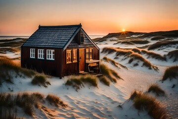 Refuge hut on the beach of the island, sunset