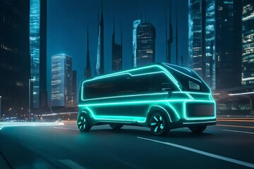 Self-Driving Van of the Future Traveling on a Public Highway in a Glass Skyscraper Modern City,...