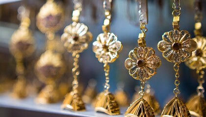 Beautiful gold earrings in the store with beautiful styles