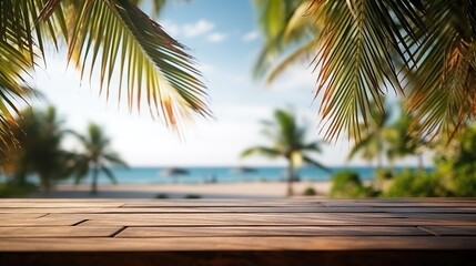 Empty wide Table top wooden bar with blurred beautiful beach scene background coconut leaf on frame for product display mockup outside summer day time. Resort clean wood desk board on nature view. - obrazy, fototapety, plakaty