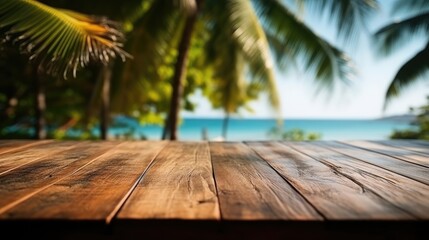 Empty Wooden Table with Tropical Beach and Palm Tree View - Serene Vacation Background, Escape to Paradise: Sunny Tropical Beach Getaway with Coconuts, Palms, and Ocean View