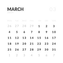 Template design of Monthly Calendar on March 2024. Vector layout minimal calendar in Square shape with week start Monday.
