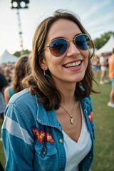 a cool girl in an outdoor concert festival with large crowd celebrating a huge event