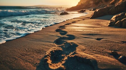 Footprints trace a solitary journey along the shore, the steady rhythm of waves echoing the heartbeat of the ocean in the soft glow of sunset.