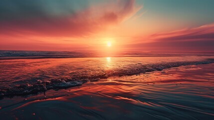 Fototapeta premium The sun sets over the ocean, its last rays painting the waves in hues of fiery orange and calming blue, a daily rhythm of natural splendor.