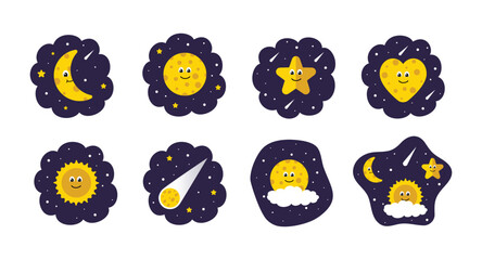 Cute space clipart set, sun, star,moon, comet isolated on white background. Hand drawn vector illustration. Concept for kids