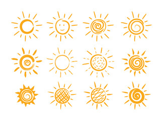 Hand drawn sun brush stroke set. Sun sketch doodle illustration. Vector grunge isolated on white background